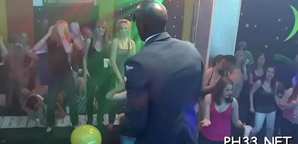  Tons of group sex on dance floor blow jobs from blondes with ball semen at face